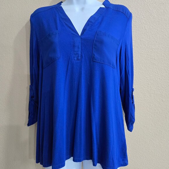 Cable & Gauge Cobalt Blue Split Neck Tunic Top Roll Tab Sleeves Size M - Picture 1 of 3